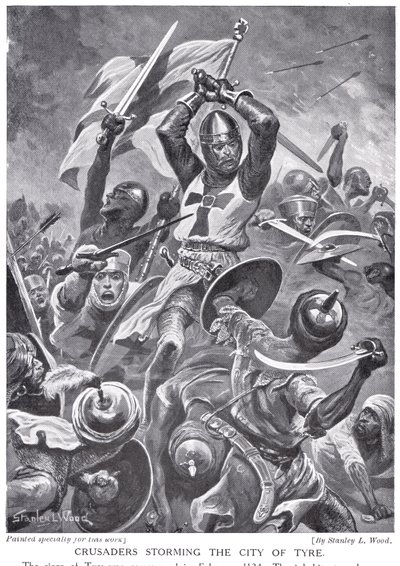 Crusaders Storming a cidade do pneu, ilustração de &39;História das Nações Hutchinson&39; de Stanley L. Wood