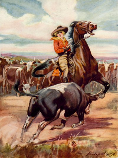 Cena de "At the Mercy of Brigands": uma vaqueira a cavalo é atacada por um grande boi (litografia a cores) de Stanley Lloyd