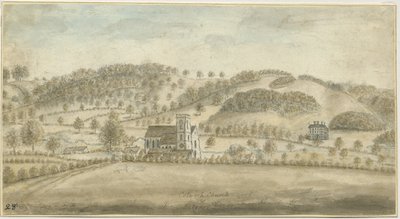 Igreja de Colwich e Oakedge House: pintura em aquarela, sd [1762-1802] (pintura) de Stebbing Shaw