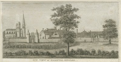 Hamstall Ridware - Igreja e casa senhorial: gravura, nd [1762-1802] (impressão) de Stebbing Shaw