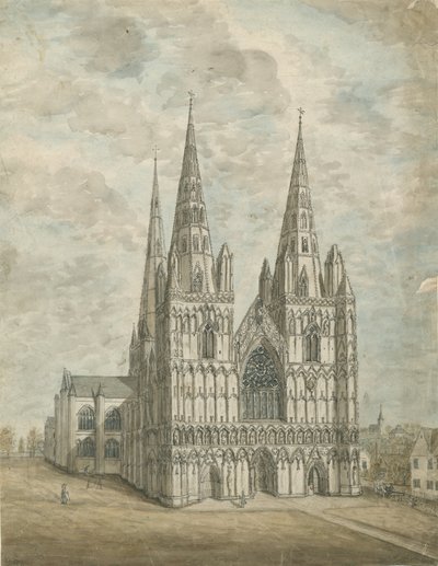 Lichfield Cathderal - West Front: pintura a aquarela, nd [1762-1802] de Stebbing Shaw