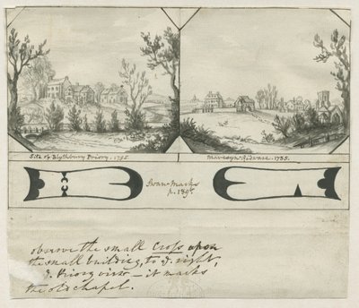Mavesyn Ridware - Local de Blythbury Priory: desenho em tinta indiana, 1795 de Stebbing Shaw