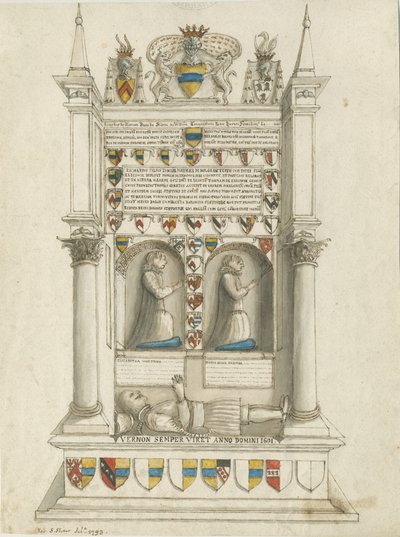 Igreja Sandon - Tumba de Sampson Erdeswicke: desenho em sépia de Stebbing Shaw
