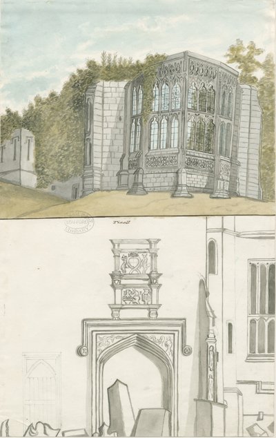 Tixall - Janela Gótica e Antiguidades Heráldicas: pintura a aquarela, sd [1762-1802] (pintura) de Stebbing Shaw