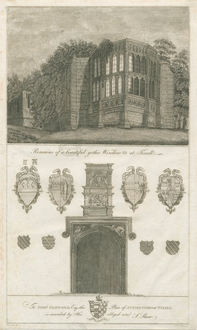 Tixall Hall - janela gótica e antiguidades heráldicas: gravura, nd [1762-1802] (impressão) de Stebbing Shaw