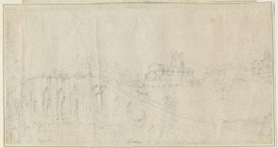 Igreja e Castelo de Tutbury - Vista Nordeste: desenho a lápis, nd [1762-1802] (desenho) de Stebbing Shaw