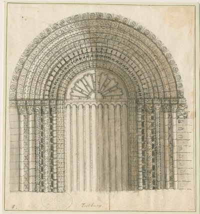 Igreja do Priorado de Tutbury - Arco na Porta Oeste: desenho em caneta e sépia, nd [1762-1802] (impressão) de Stebbing Shaw