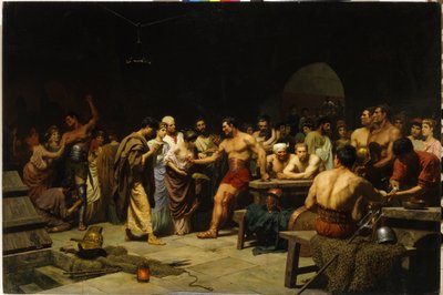Os Gladiadores Antes de Uma Aparição na Arena. Os patrícios romanos visitam e avaliam o físico dos gladiadores antes da luta, as mulheres lisonjeiam e felicitam os lutadores. Pintura por Stepan ( de Stefan Vladislavovich Bakalowicz