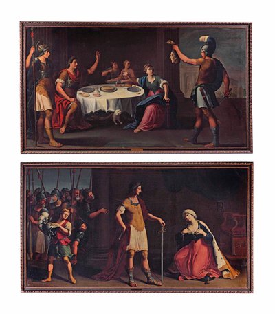 A cabeça de Pompeu entregue a César; e Octavius Augustus César mostrando misericórdia para com Cleópatra (óleo sobre tela) de Stefano (attr.) Tofanelli