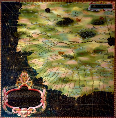Mapa das costas da África Ocidental (Líbia, Guinee, Serra Leoa, Senegal) por Stefano Bonsignori (Buonsignori) (d. 1589) 1581 Pintura dos armários da Sala do Mapa Geográfico. Palazzo Vecchio, Sala del Mappamondo Florence de Stefano Buonsignori