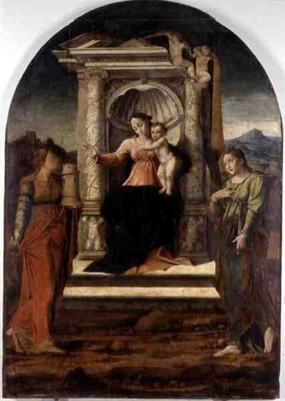 Madonna Enthroned com Santa Bárbara e Santa Lúcia (óleo sobre painel) de Stefano Giordano