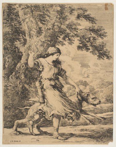 Uma Ninfa segurando um cão grande pela coleira, ca. 1654. de Stefano della Bella