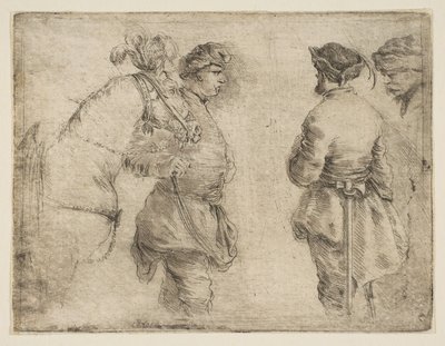 Um poste conduzindo um cavalo pelo freio e conversando com dois outros homens, ca. 1662 de Stefano della Bella