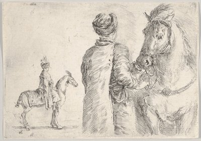 Um criado polonês, visto de trás, segurando a rédea de um cavalo à direita, um cavalo polonês..., ca. 1662. de Stefano della Bella