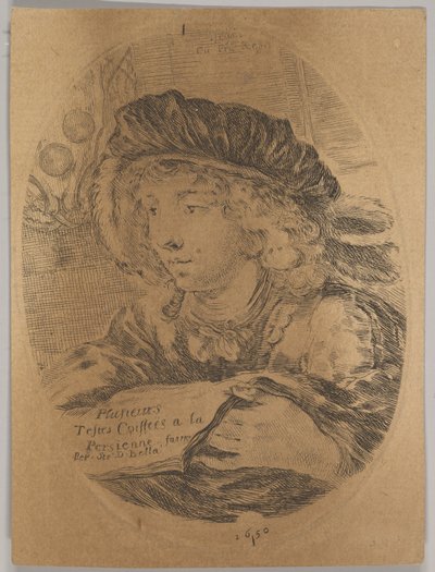 Um busto de um jovem de boné com penas, virado três quartos para a esquerda, o ..., 1650. de Stefano della Bella