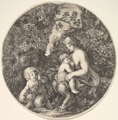 Uma sátira do sexo feminino amamentando uma criança para a direita, virada para a esquerda, uma criança sátira ..., 1639. de Stefano della Bella