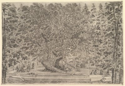 Uma grande árvore habitada no centro, com rampas que conduzem ao redor do tronco, abaixo de uma pedra ..., ca. 1653 de Stefano della Bella
