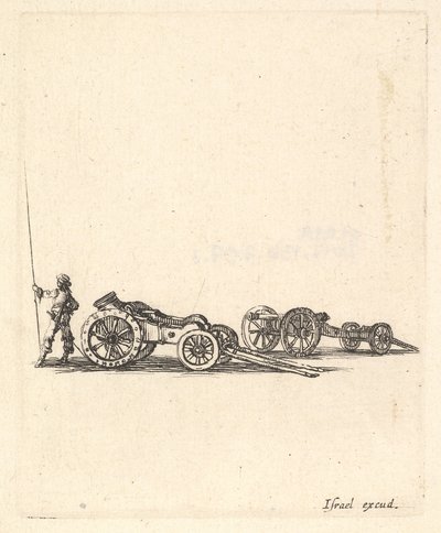 Um morteiro e um canhão, ambos montados em carruagens, um soldado mostrado de trás..., c. 1638-43. de Stefano della Bella