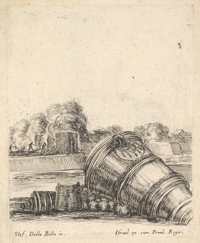 Um morteiro sem carro no chão à direita, soldados disparando canhões..., ca. 1638-43. de Stefano della Bella