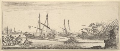 Uma batalha naval, um barco a remos cheio de homens para a esquerda, um navio afundando para a direita, duas galeras ba ..., ca. 1641 de Stefano della Bella