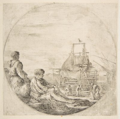 Um marinheiro branco sentado e um marinheiro preto de pé, pessoas construindo um navio no backg ..., ca. 1660 de Stefano della Bella