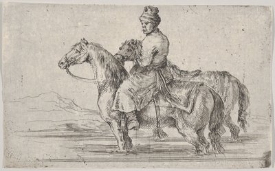 Um manobrista levando dois cavalos para tomar banho, sentado em cima de um cavalo em um rio, o outro ao lado..., ca. 1662. de Stefano della Bella