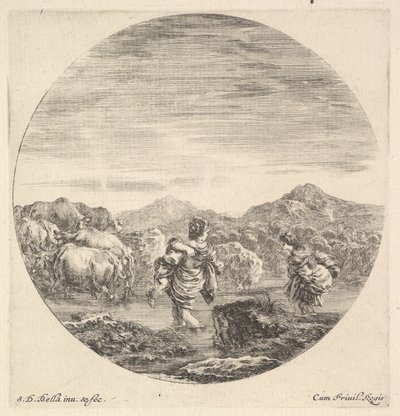 Uma mulher carregando uma criança ao centro, vista por trás, outra mulher à direita, de frente..., ca. 1643-48. de Stefano della Bella