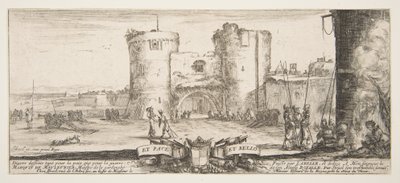 Uma entrada para uma fortaleza no centro, uma mulher com criança sentada ao lado de uma fogueira à direita, sol ..., ca. 1641 de Stefano della Bella