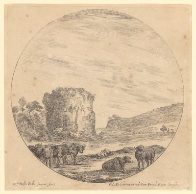 Ruína de templo antigo com búfalos deitados e um cavaleiro ao fundo de Stefano della Bella