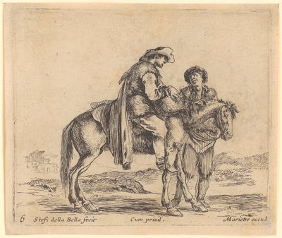 Camponês a cavalo, de perfil para a direita, atrás do cavalo um segundo camponês de pé de Stefano della Bella