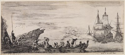 Carregamento de vários navios: à esquerda, cais de carga com posto de guarda e estivadores a descarregar um barco de Stefano della Bella