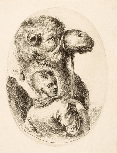 Rapaz segurando um camelo junto à cabeçada, de Plusieurs Têtes Coiffées à la Persienne, pub. c. 1650 (gravura) de Stefano della Bella