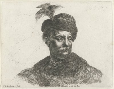 Busto de um homem polonês com bigode e chapéu com pluma O básico do desenho (título da série) I principii del disegno (título da série) de Stefano della Bella
