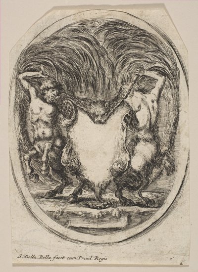 Cartela formada por uma pele de tigre ladeada por dois centauros, 1647. de Stefano della Bella