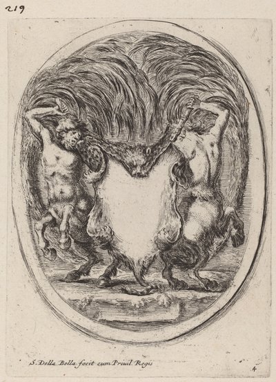 Cartouche na forma de um tigre esfolado apoiado por centauros de Stefano della Bella