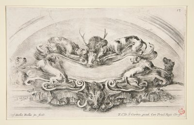 Cartouche com cães, veado e cabeça de javali de Stefano della Bella