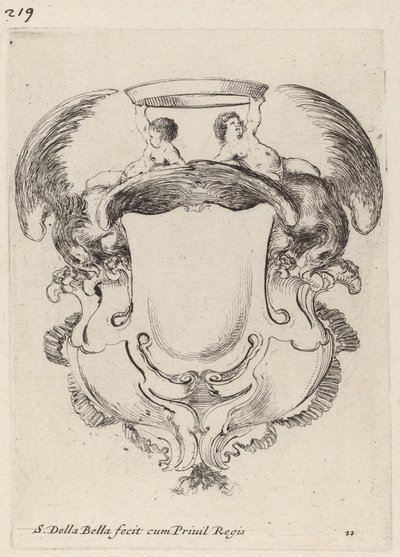 Cartouche com águias e dois bebês segurando uma coroa de Stefano della Bella