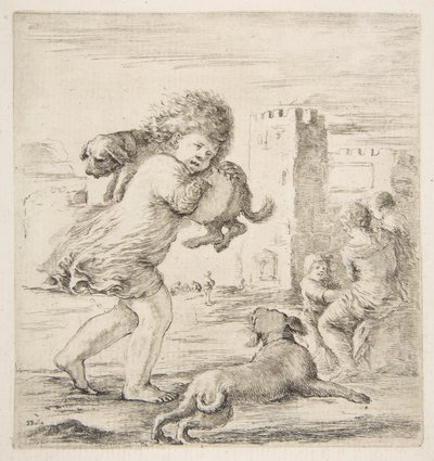 Criança carregando um filhote de cachorro no ombro, ca. 1662 de Stefano della Bella