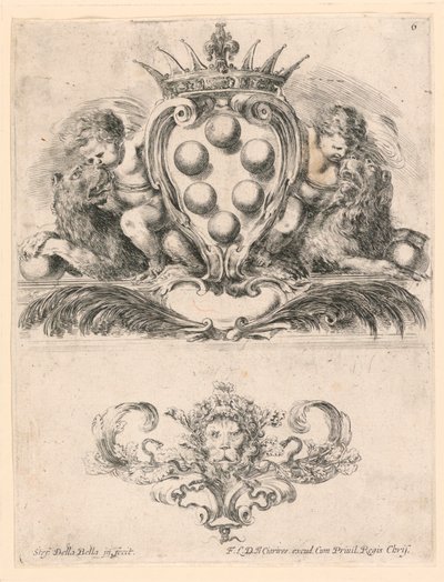 Brasão do Grão-Duque da Toscana: Ornamento com Máscara de Leão, nº 6 da "Coleção de vários caprichos e nove invenções de pastas e ornamentos" de Stefano della Bella