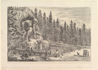 Estátua colossal do Appenino de Giambologna para a esquerda, representada como um agachamento gigante ..., ca. 1653 de Stefano della Bella