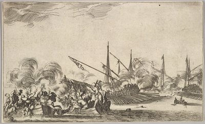 Combate entre vários barcos a remos e navios, dois grupos de homens em barcos a remos lutando para a esquerda ..., 1639. de Stefano della Bella