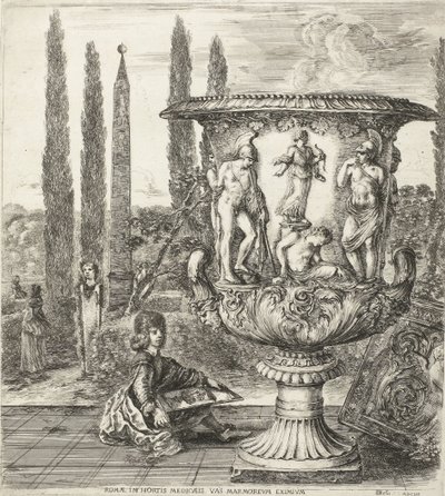 O jovem Cosimo III de Medici assina o vaso de Medici
Romae, in hortis Medicaeis marmoreum eximium (título sobre o objecto)
Vistas de Roma e arredores (título da série)
Six grandes vues, dont quatre de Rome et deux de la Campagne romaine (título da série de Stefano della Bella