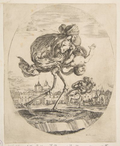 Morte carregando um bebê, das cinco mortes Les cinq Morts, ca. 1648 de Stefano della Bella
