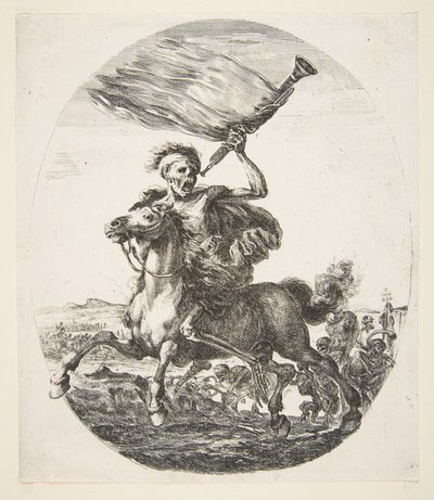 Morte a cavalo segurando uma trombeta, de As cinco mortes Les cinq Morts, ca. 1648 de Stefano della Bella