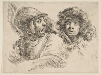 Soldado assustado e um homem com um chapéu de pele, ca. 1652 de Stefano della Bella