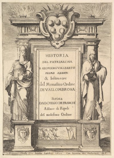Frontispício: um monumento decorado com o brasão de armas Medici no topo no centro, arde um ..., 1640. de Stefano della Bella