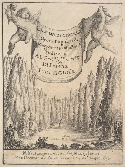 Frontispiece para a floresta de Cypress La selva di cipressi: dois putti seguram uma tapeçaria em ..., 1640. de Stefano della Bella