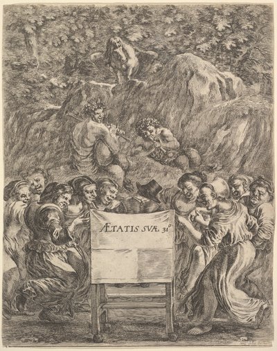 Frontispício para As obras de Scarron uvres de Scarron, o poeta sentado em uma cadeira ..., 1649. de Stefano della Bella
