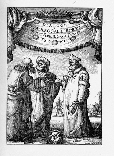 Frontispício do diálogo sobre os dois principais sistemas mundiais de Galileo Galilei, 1632 de Stefano della Bella