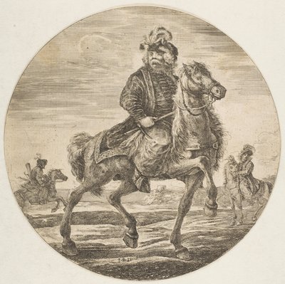Cavaleiro húngaro cavalgando para a direita, outros cavaleiros ao fundo, um circu ..., ca. 1651 de Stefano della Bella